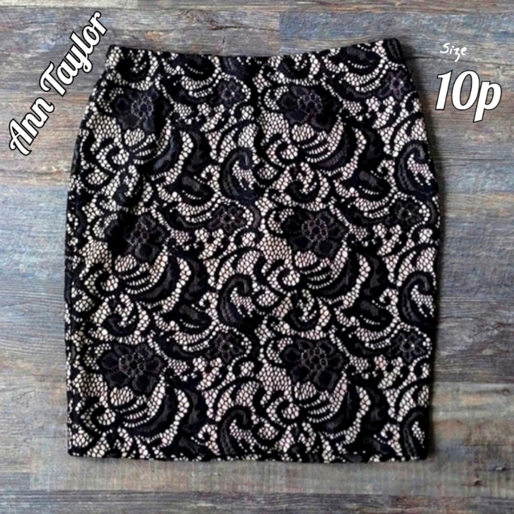 Ann Taylor black lace & taupe work skirt, sz 10